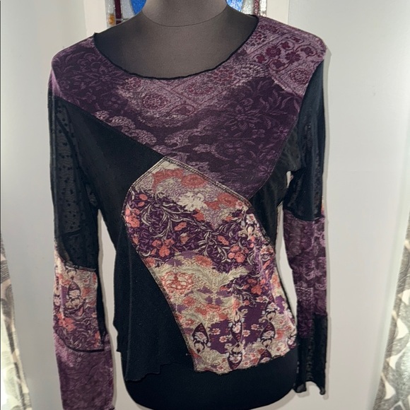 J Jill Patchwork Mesh Stretch Ling Sleeve Top SZ Small Petite - Picture 1 of 6